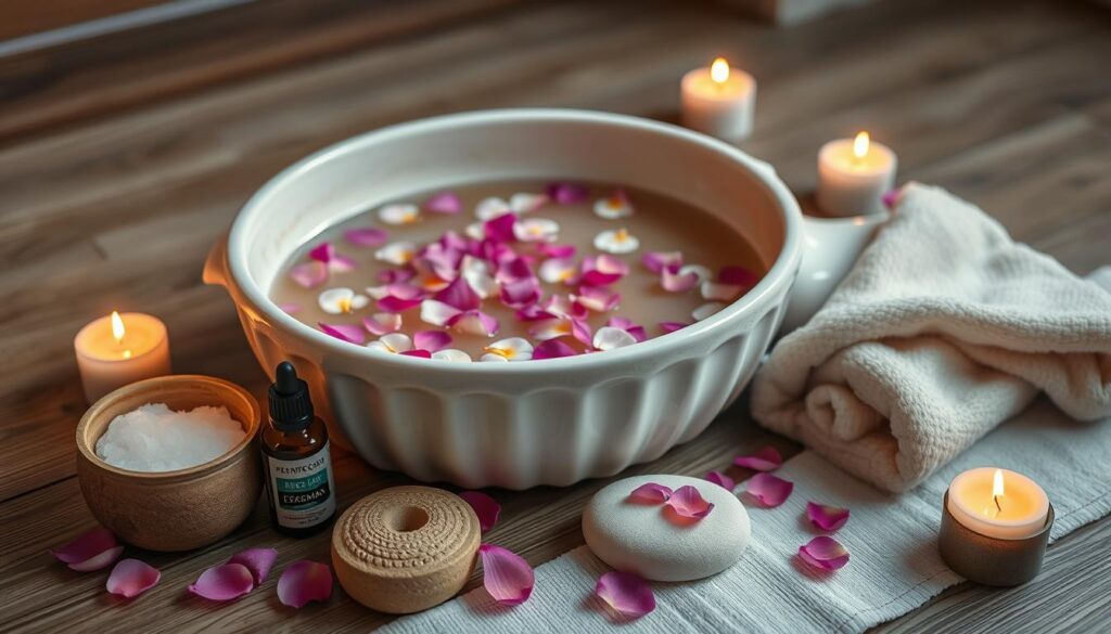 Domowe spa dla stóp z miską wody, solą i akcesoriami do pedicure