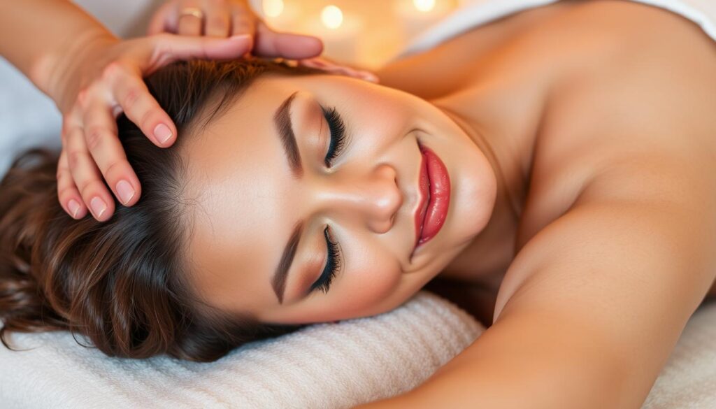 Efekty masażu relaksacyjnego widoczne na twarzy zrelaksowanej osoby po zabiegu