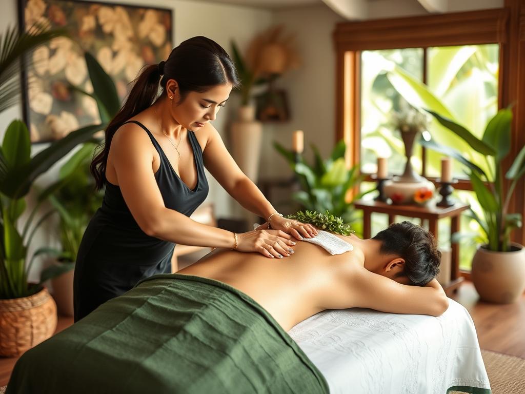 Hawajski masaż relaksacyjny Lomi Lomi z płynnymi ruchami przypominającymi taniec