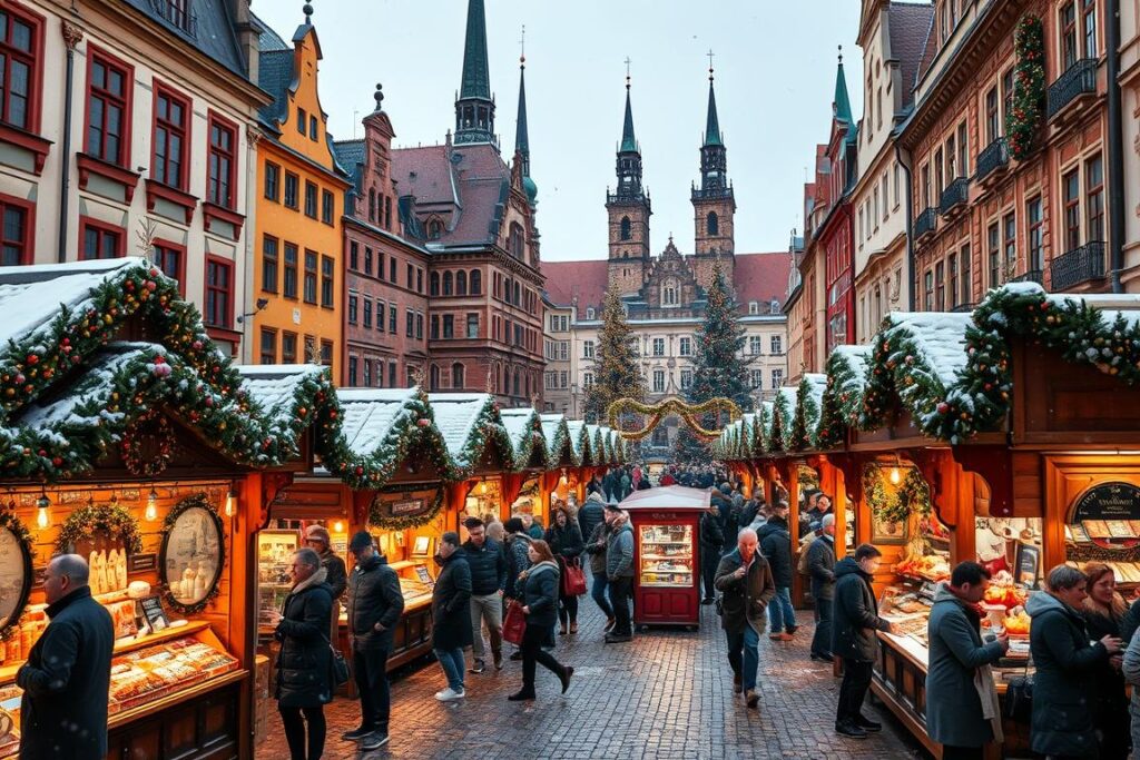 Jarmark bożonarodzeniowy na Rynku Głównym w Krakowie z kolorowymi straganami i świątecznymi dekoracjami