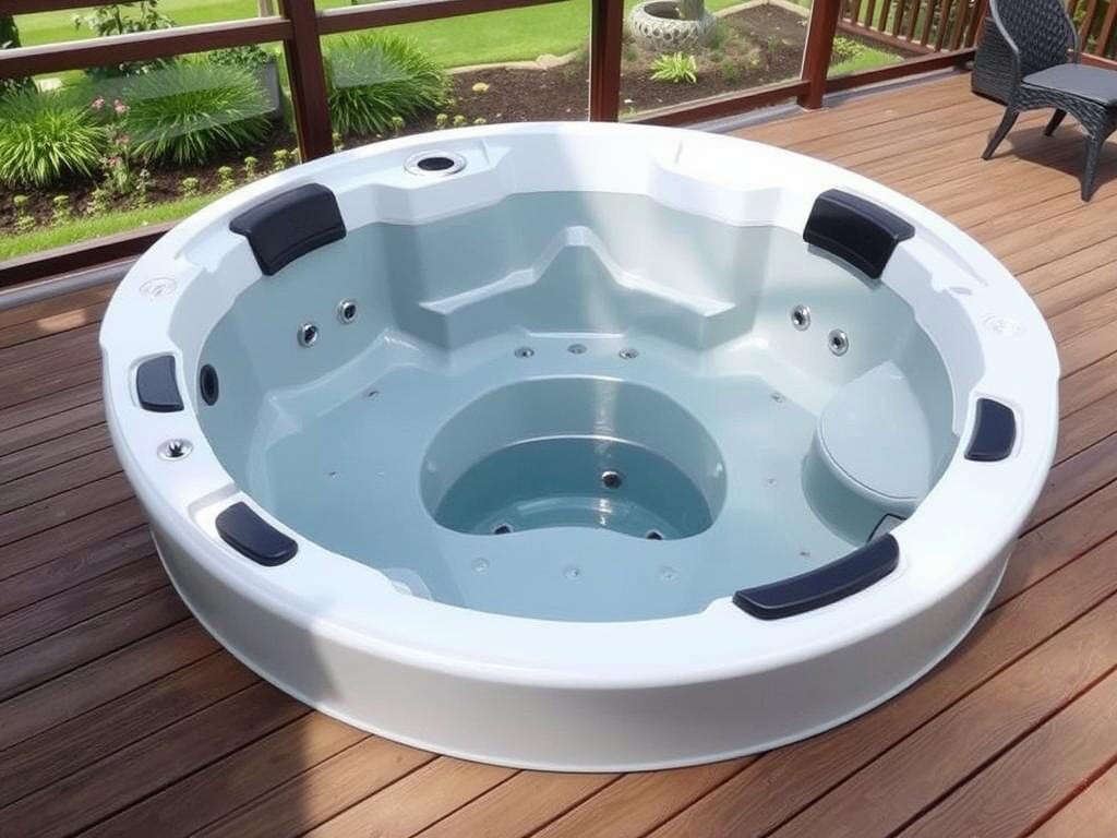 Luksusowe jacuzzi akrylowe zainstalowane na tarasie z widokiem na ogród