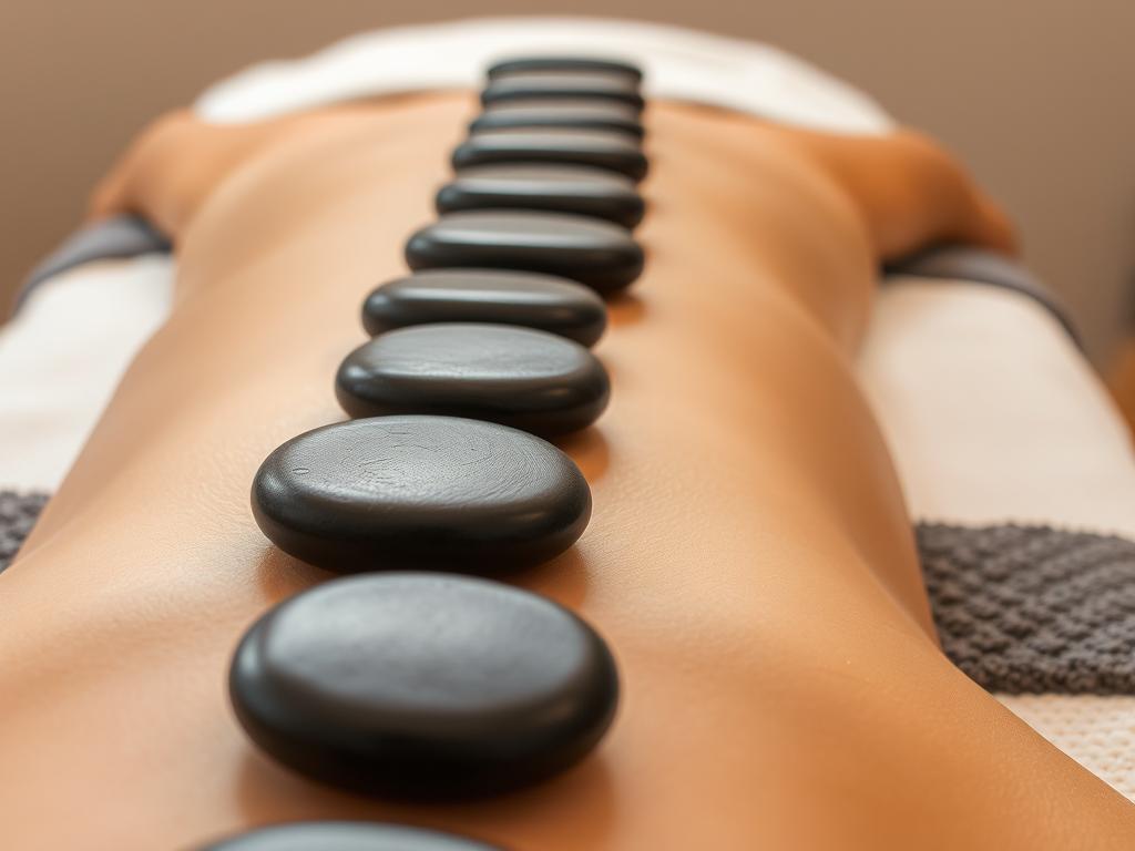 Masaż relaksacyjny gorącymi kamieniami ułożonymi wzdłuż kręgosłupa