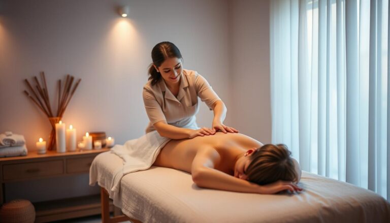 Masaż relaksacyjny wykonywany przez profesjonalnego masażystę w spokojnym otoczeniu z aromaterapią