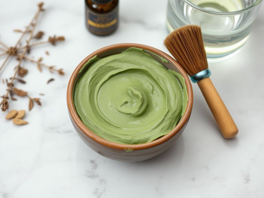 Maseczka z glinki zielonej w miseczce z pędzelkiem kosmetycznym
