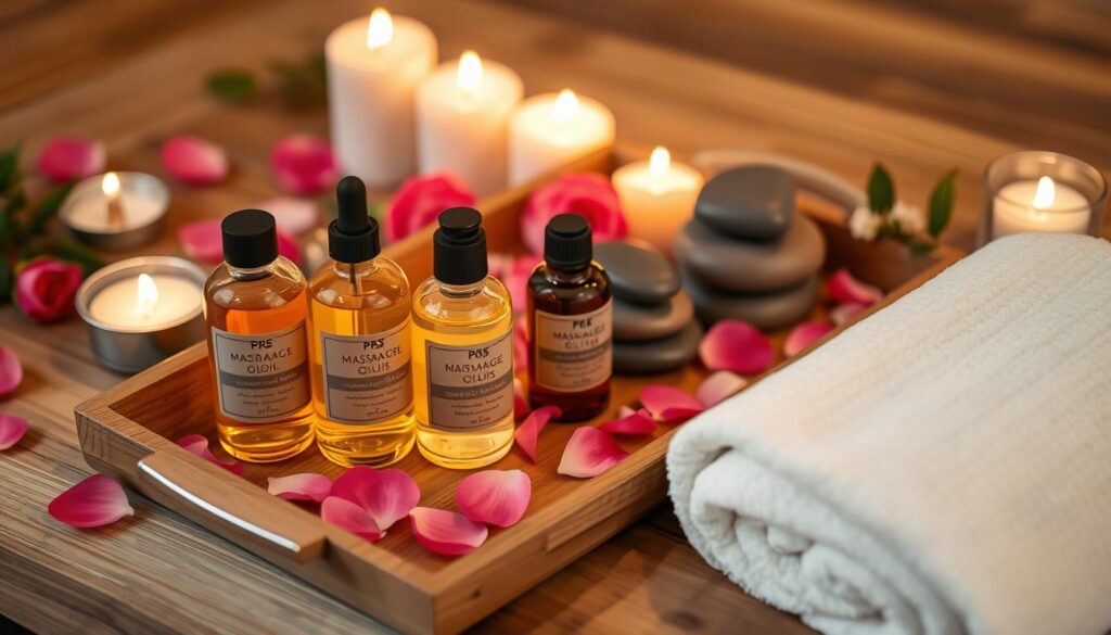 Olejki do masażu i świece na tacy przygotowane do domowego spa dla dwojga