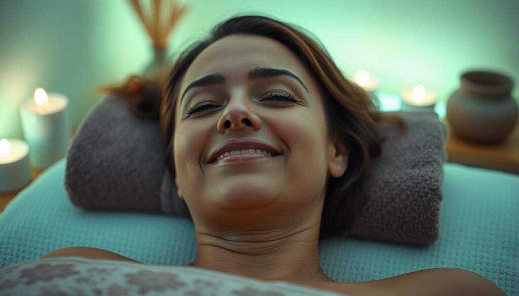 Osoba po masażu relaksacyjnym w stanie głębokiego odprężenia i dobrego samopoczucia
