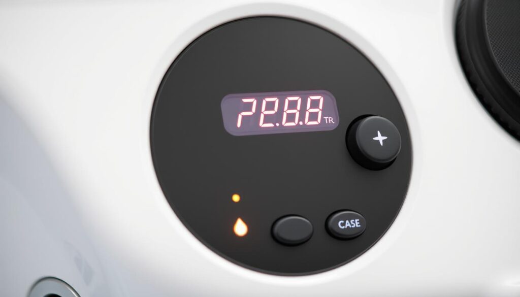 Panel sterowania jacuzzi pokazujący zużycie energii i ustawienia temperatury