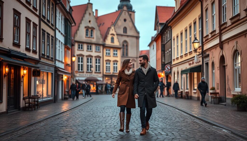 Para spacerująca po romantycznym mieście podczas weekendowego wyjazdu