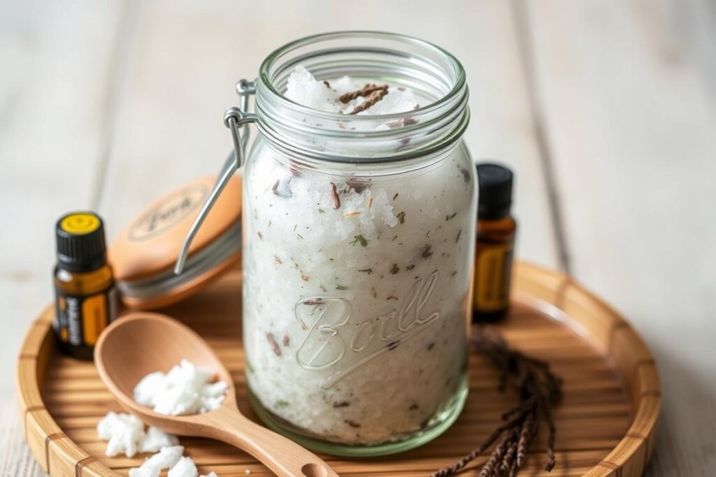 Peeling solny z olejkami eterycznymi w szklanym słoiku