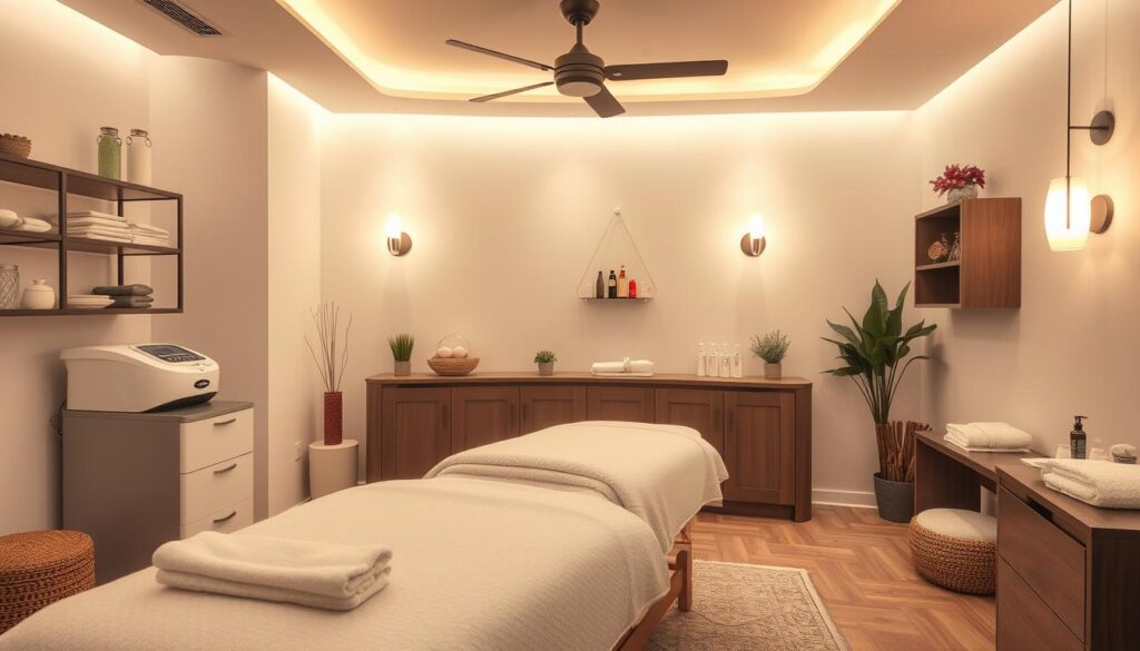 Profesjonalny salon masażu relaksacyjnego z odpowiednim wyposażeniem i atmosferą