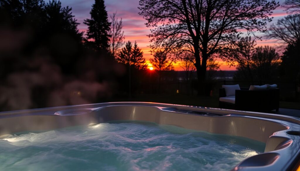 Relaks w jacuzzi ogrodowym o zachodzie słońca