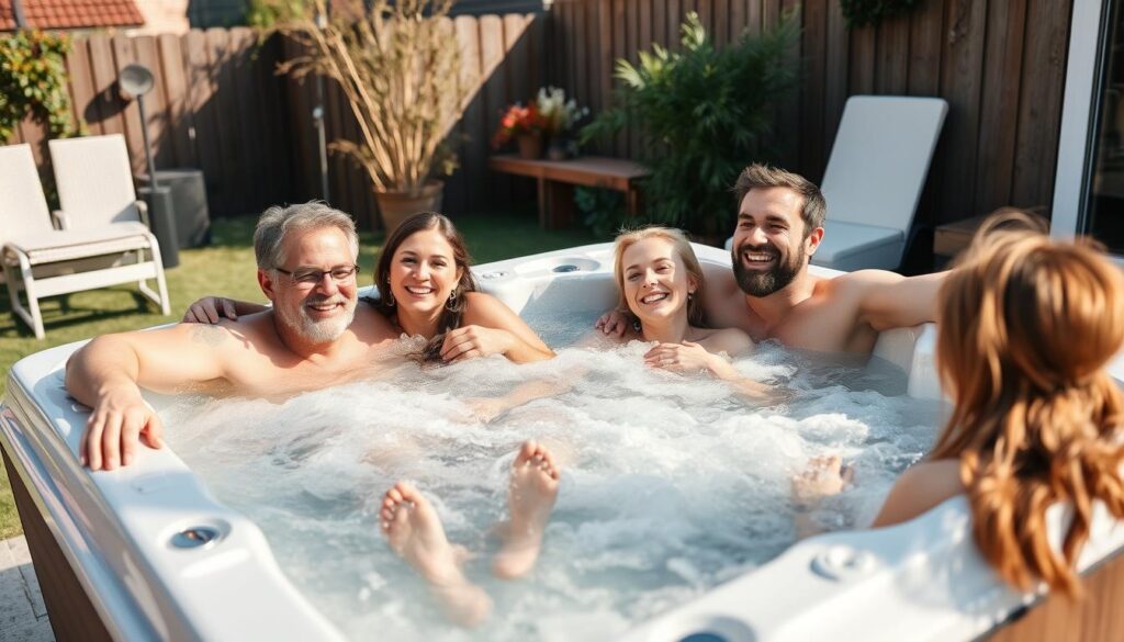 Rodzina korzystająca z jacuzzi ogrodowego podczas relaksu