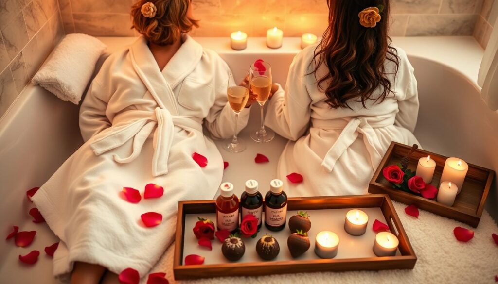 Romantyczne domowe spa dla dwojga ze świecami i płatkami róż