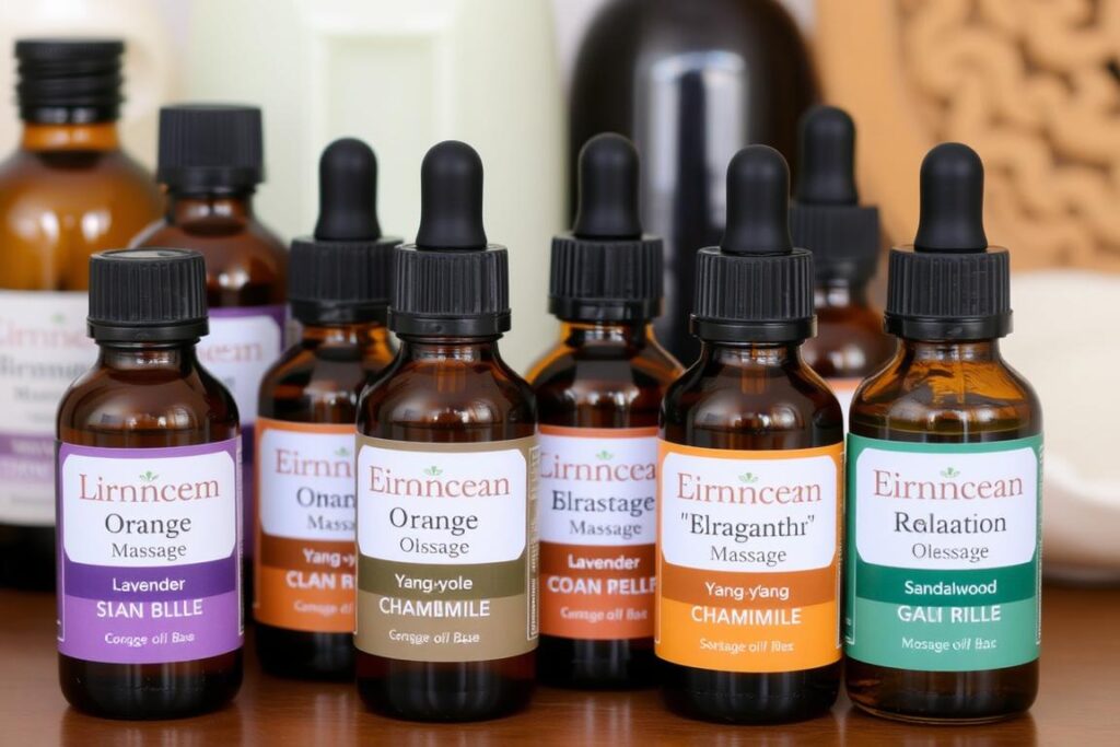 Różne olejki eteryczne używane do masażu relaksacyjnego - lawenda, pomarańcza, ylang-ylang