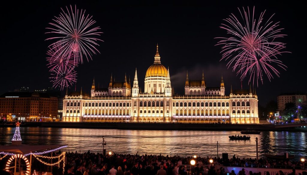Sylwestrowa impreza w Budapeszcie z widokiem na rozświetlony Parlament