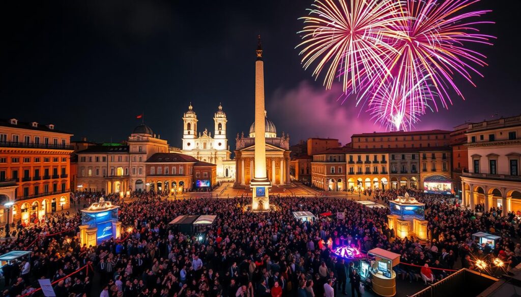 Sylwestrowe świętowanie na Piazza del Popolo w Rzymie