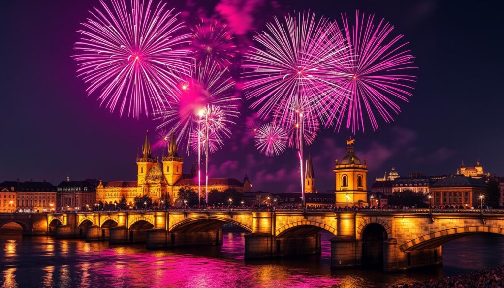 Sylwestrowy pokaz fajerwerków nad Mostem Karola w Pradze