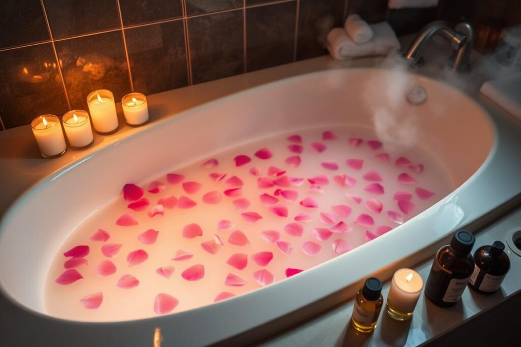 Wanna wypełniona wodą z płatkami róż i olejkami do kąpieli jak zrobić domowe spa