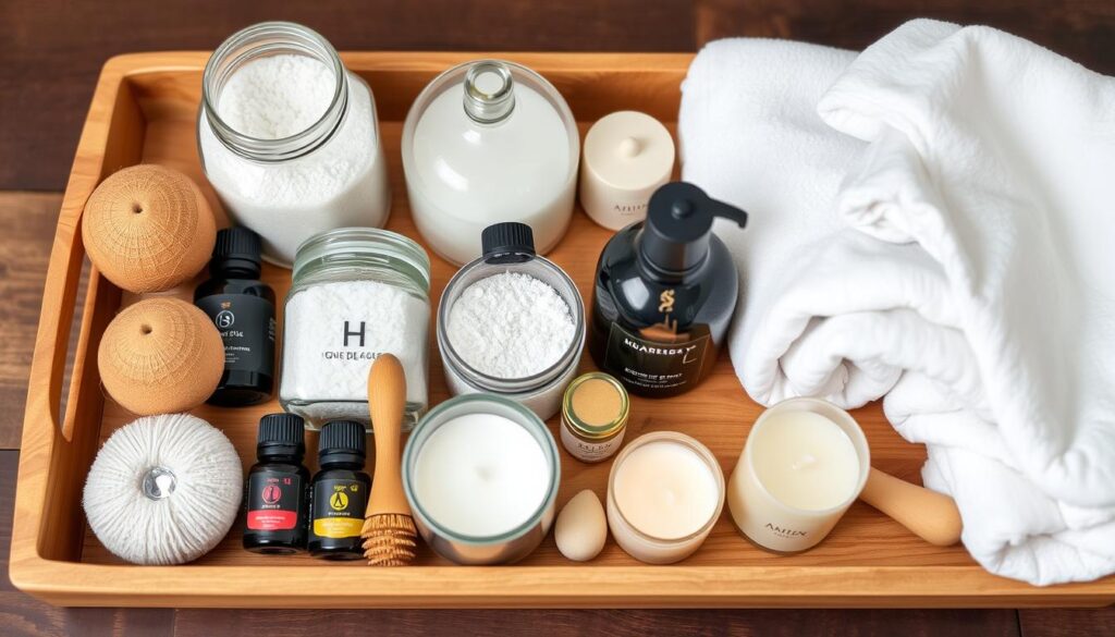 Zestaw produktów do domowego spa: świece, olejki, sole do kąpieli