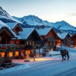 Zimowy krajobraz górski z ośnieżonymi szczytami, idealny na święta Bożego Narodzenia