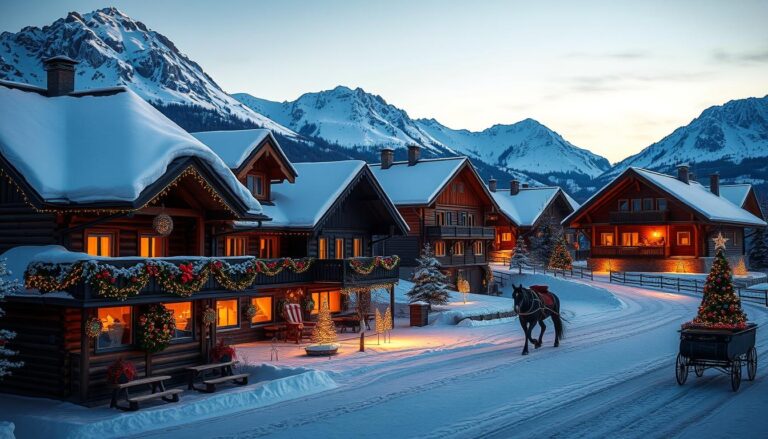 Zimowy krajobraz górski z ośnieżonymi szczytami, idealny na święta Bożego Narodzenia