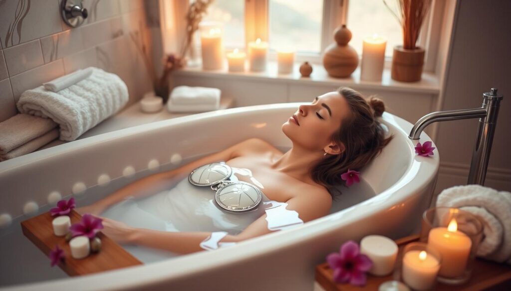 Zrelaksowana osoba korzystająca z domowego spa w łazience