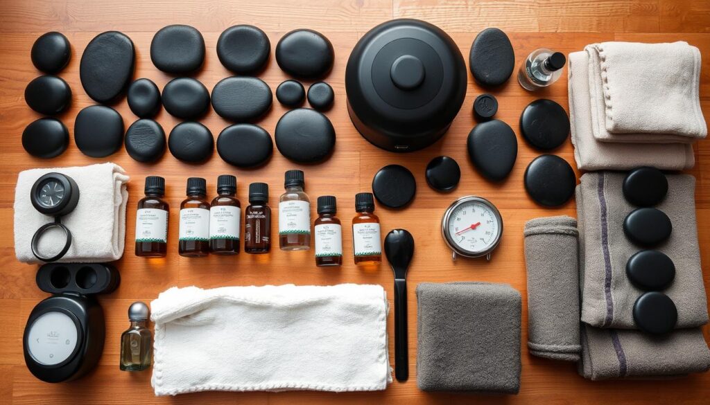 Domowy zestaw do masażu gorącymi kamieniami - kamienie, podgrzewacz, olejki
