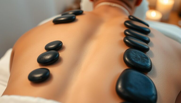 Masaż gorącymi kamieniami - kamienie bazaltowe ułożone na plecach osoby podczas zabiegu