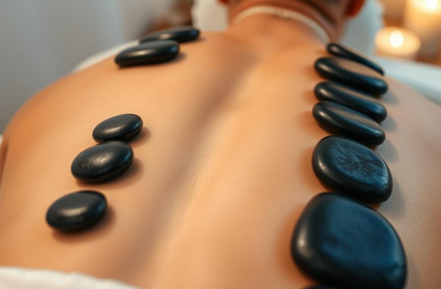 Masaż gorącymi kamieniami - kamienie bazaltowe ułożone na plecach osoby podczas zabiegu