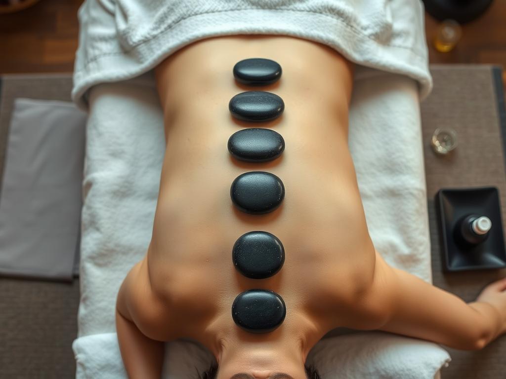 Masaż gorącymi kamieniami na kręgosłup - układ kamieni wzdłuż linii kręgosłupa