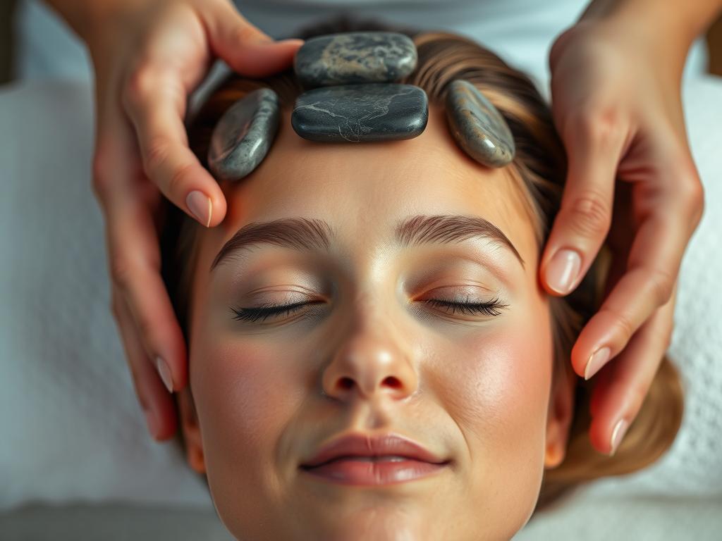 Masaż twarzy gorącymi kamieniami - technika wykonania na skroniach