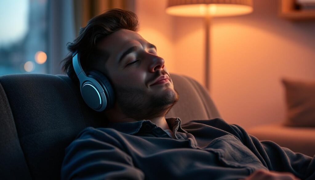 Osoba słuchająca relaksacyjnej muzyki w słuchawkach jako pomysł na wieczorny relaks