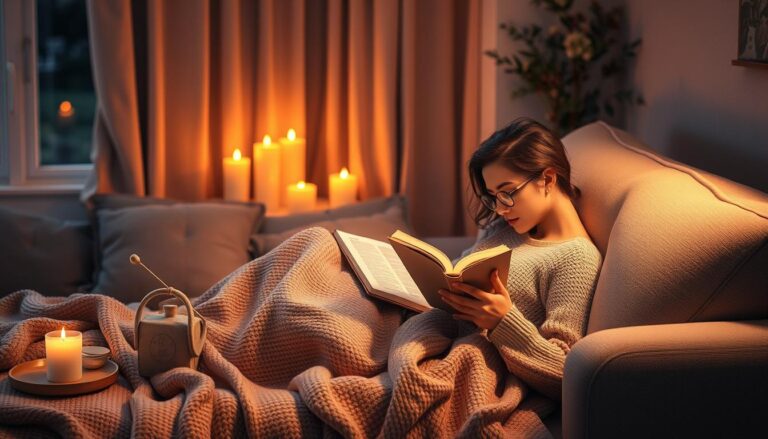 Pomysł na relaksujący wieczór - osoba odpoczywająca na kanapie z książką i herbatą