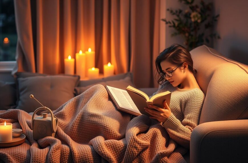 Pomysł na relaksujący wieczór - osoba odpoczywająca na kanapie z książką i herbatą