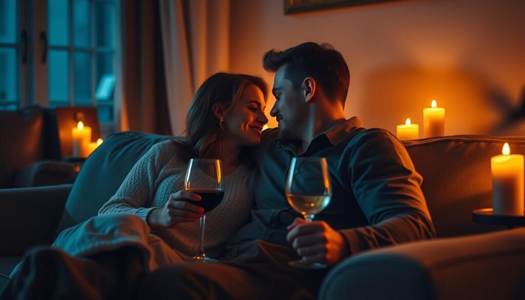 Pomysł na relaksujący wieczór we dwoje - para przy świecach i winie