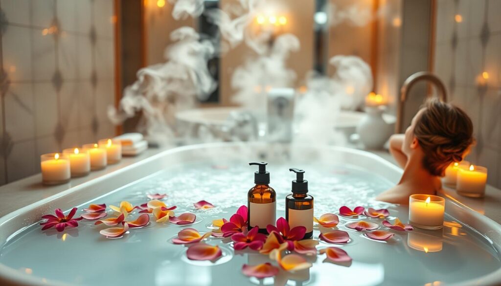Relaksacyjna kąpiel z dodatkiem aromatycznych olejków i płatków kwiatów