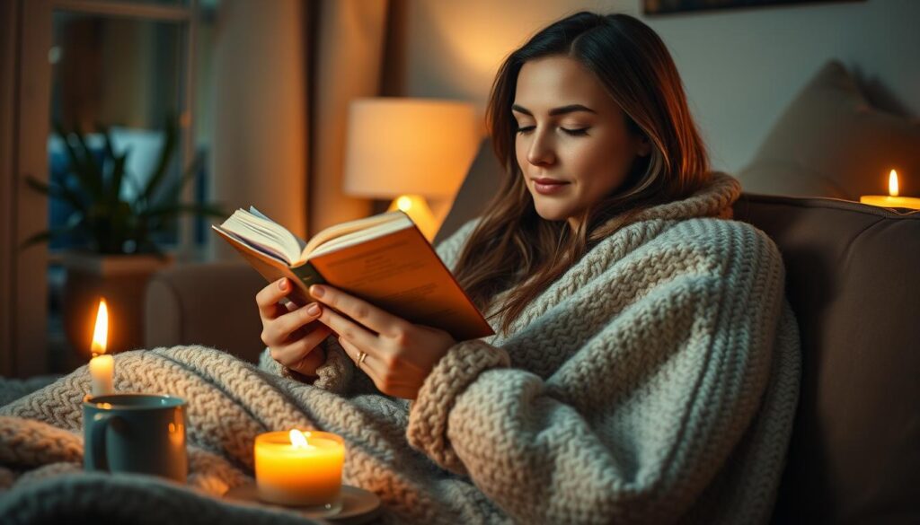 Relaksujący wieczór w pojedynkę - kobieta czytająca książkę przy świecach